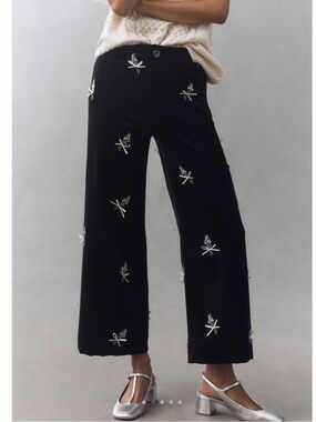 Anthropologie COLETTE Cropped Wide-Leg Velvet Embroidered Pants Maeve NEW Black